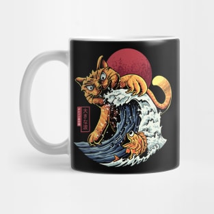 angry cat waves and fish Mug